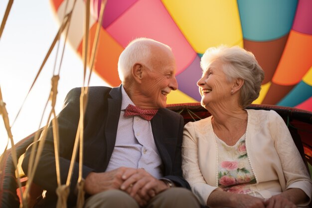 Senior couple getting married in a hot-air-balloon