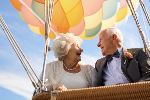 Старшая пара выходит замуж на воздушном шаре.