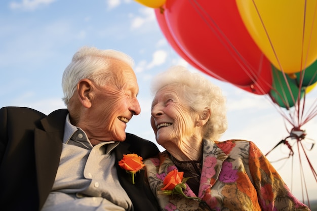 Senior couple getting married in a hot-air-balloon