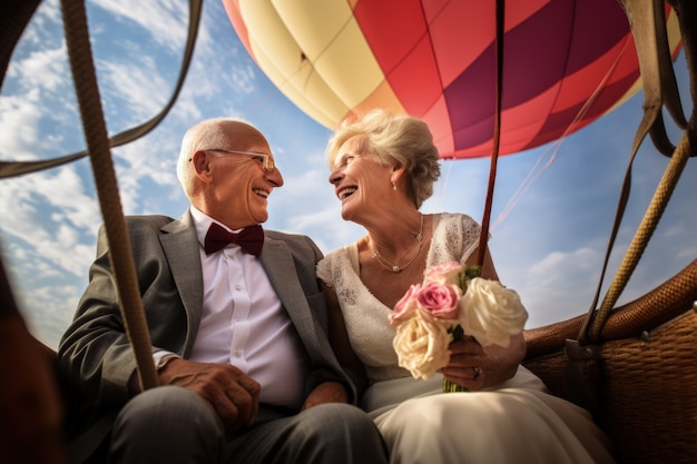 Старшая пара выходит замуж на воздушном шаре.