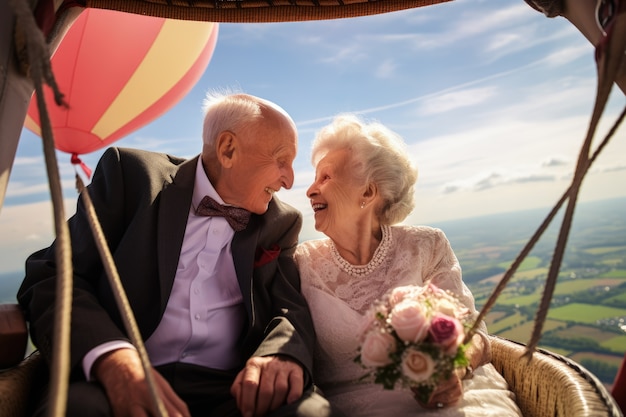 Foto gratuita una coppia di anziani che si sposa in una mongolfiera