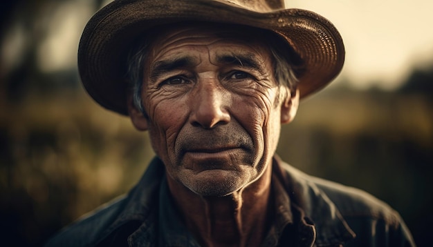 Free photo senior cowboy farmer with confidence and serious expression outdoors generated by ai