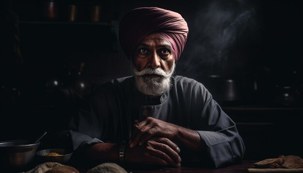 Senior Indian businessman sitting at table indoors smiling generated by AI