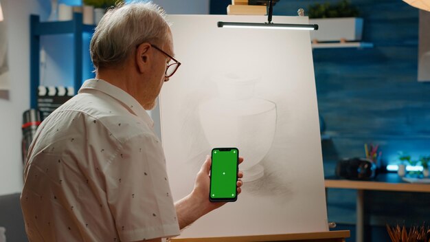 Senior male artist holding smartphone with greenscreen to draw vase artwork on canvas at home. Using blank template with mockup copyspace and isolated chroma key background on mobile phone.