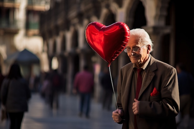 Старший мужчина держит воздушный шар с красным сердцем