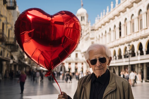 Старший мужчина держит воздушный шар с красным сердцем