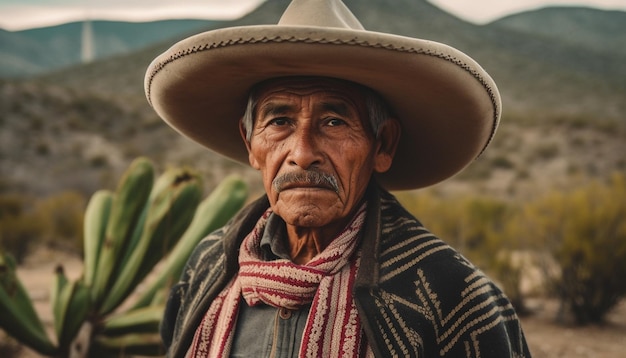 Бесплатное фото Старший мужчина в традиционной одежде смотрит в камеру в сельском ландшафте, созданном искусственным интеллектом