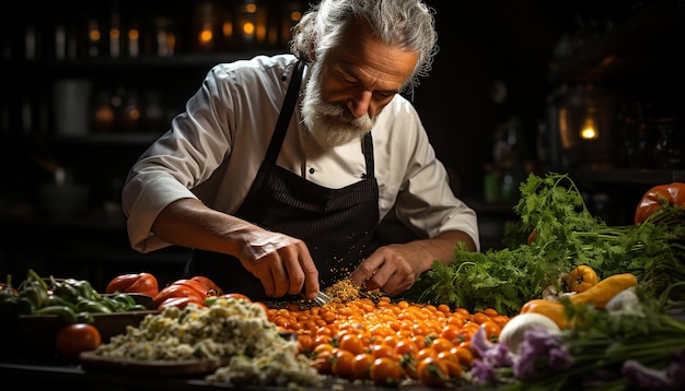 Foto gratuita uomo anziano che prepara cibo sano in una cucina con verdure fresche generate dall'intelligenza artificiale