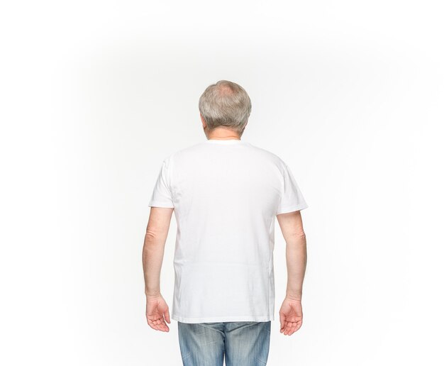 senior man's body in empty brown t-shirt isolated on white.