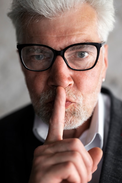 Free photo senior man in suit showing quiet sign