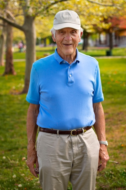 Foto gratuita uomo anziano che fa una passeggiata all'aperto in città