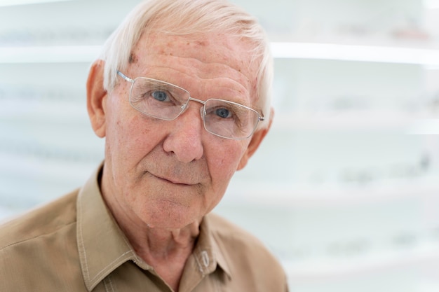 Free photo senior man trying on a new pair of glasses