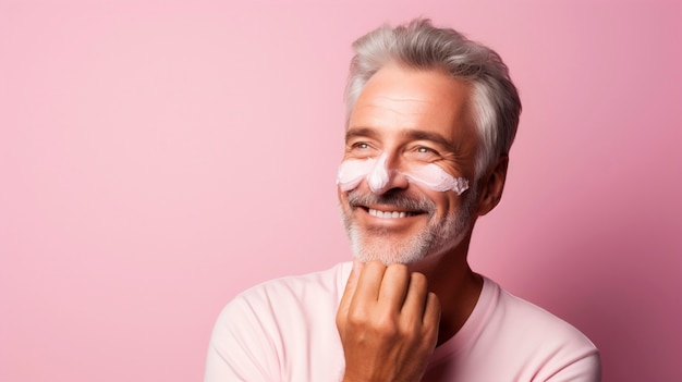 Free photo senior man using pink beauty product on his face