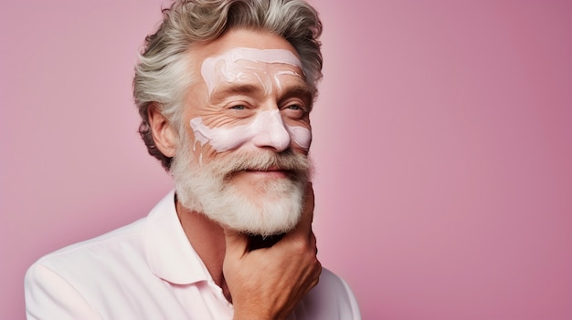 Free photo senior man using pink beauty product on his face