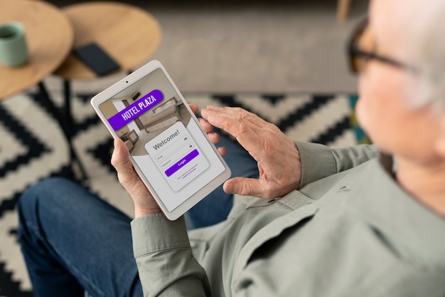 Senior man using a tablet sitting in living room