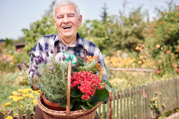 Senior man working in the field with fruits