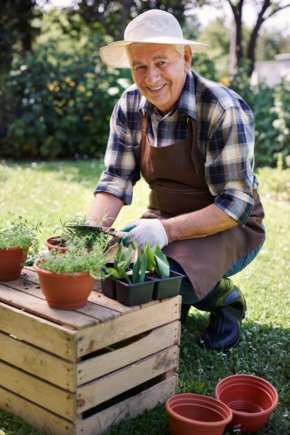 Старший мужчина, работающий в поле с растениями