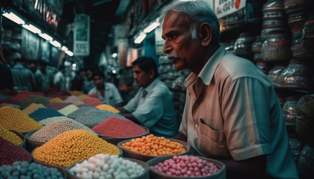 Free photo senior men selling fruit at night market generated by ai