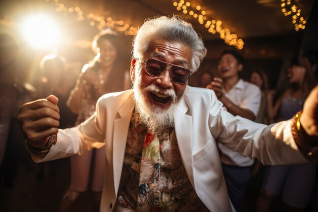 Пожилой человек танцует и веселится в клубе.