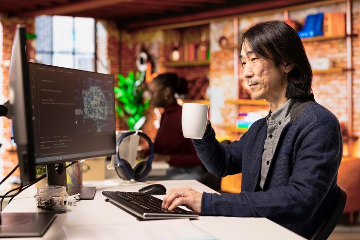 無料Photo 人工知能に専念したスタートアップのシニアプログラマーがコーヒーを飲んでいます