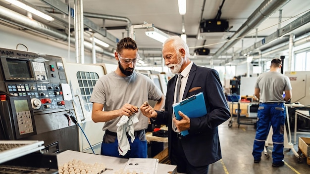 Ispettore senior del controllo qualità e giovane lavoratore che collaborano durante l'analisi dei prodotti fabbricati in uno stabilimento industriale