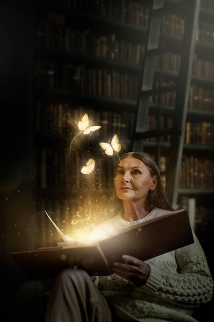Старшая женщина, держащая книгу с волшебными бабочками