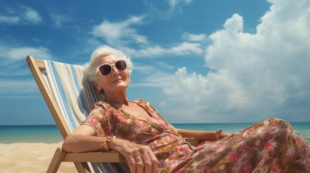 여름에 해변에서 휴식을 취하는 고령 여성