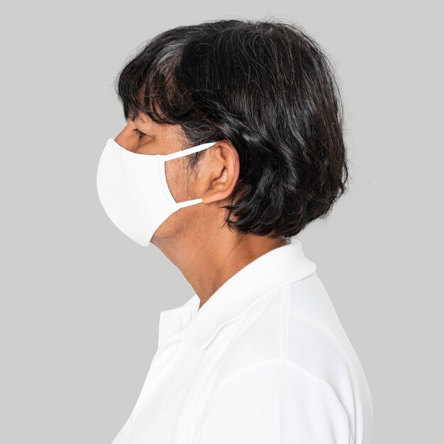 Senior woman wearing white face mask covid-19 campaign with design space