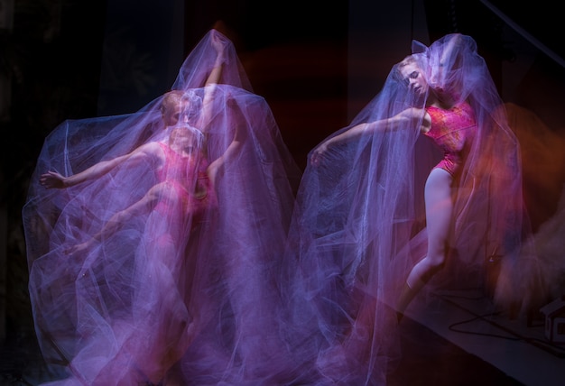 Sensual and emotional dance of beautiful ballerina through the veil