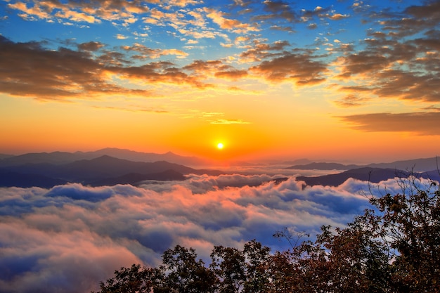 설악산 산은 서울에서 아침 안개와 일출으로 덮여 있습니다.