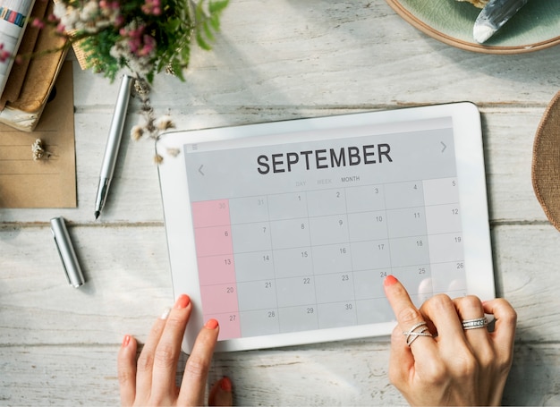 9月の月間カレンダー週の日付の概念