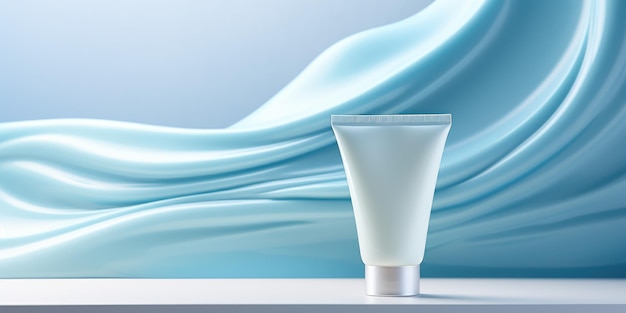 Free photo serene blue backdrop highlights the gentle curves of white skincare tubes