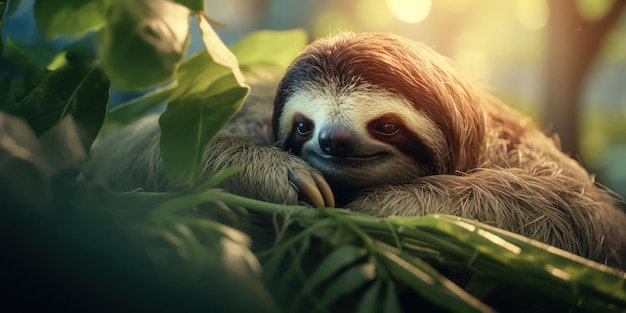 Serene Sloth Hangs Leisurely Amongst the Green Leaves Eyes Closed in Contentment
