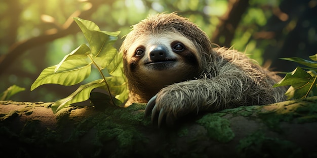 Бесплатное фото Спокойный ленивец спокойно висит среди зеленых листьев , глаза закрыты от удовлетворения .
