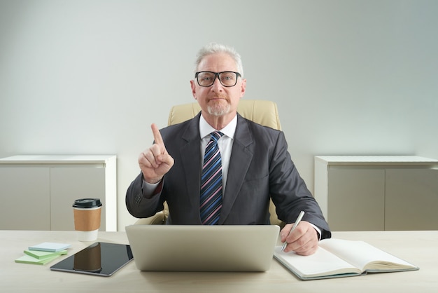 Free photo serious aged entrepreneur posing for photography