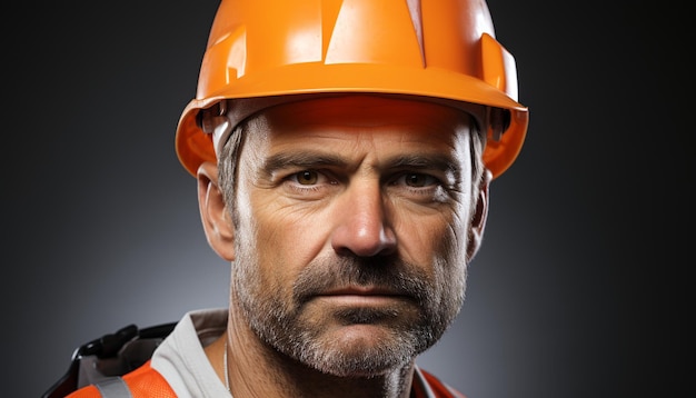 Бесплатное фото Серьезный строитель в оранжевой шляпе, уверенно глядя на камеру, созданную искусственным интеллектом.