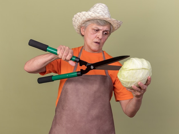 Free photo serious elderly female gardener wearing gardening hat holding gardening scissors and looking at cabbage