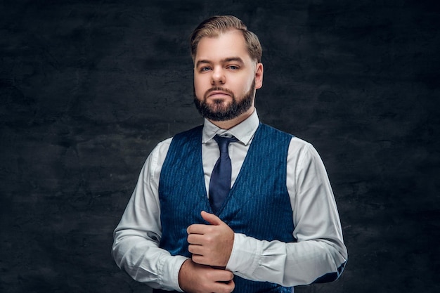 Serious and elegant bearded male wearing classic waistcoat and slim bow tie.