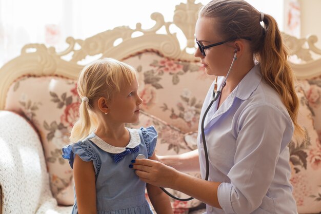 Serious female doctor examining little girl