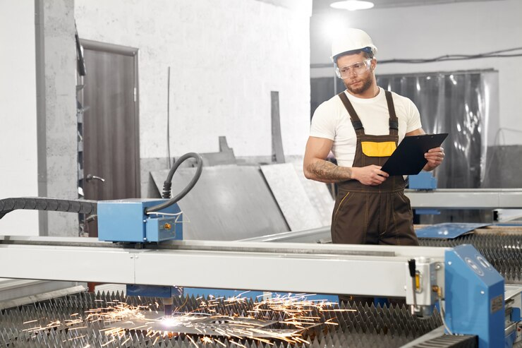 Free Photo serious man in protective glasses and helmet keeping folder