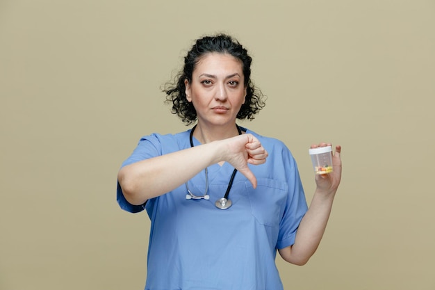Серьезная женщина-врач средних лет в униформе и со стетоскопом на шее показывает мерный контейнер с таблетками в нем и смотрит в камеру, показывая большой палец вниз на оливковом фоне
