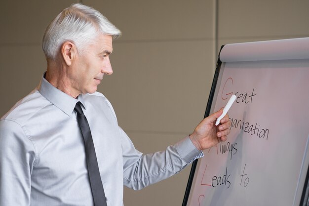 Serious Senior Lecturer Pointing to Flipchart