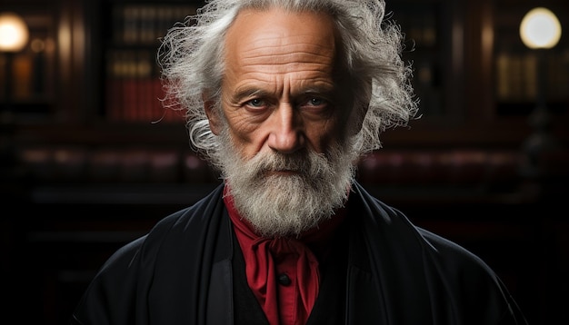 Serious senior man with gray hair looking at camera indoors generated by artificial intelligence