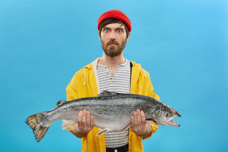 Free Photo serious surprised fisherman with blue eyes and beard wearing red hat and yellow jacket holding huge fish in hands demonstrating his catch isolated on blue wall. fishing concept