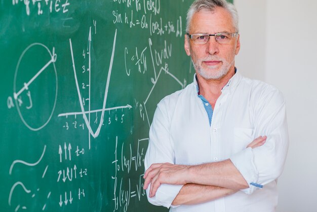 Serious teacher in glasses standing at blackboard hand on hand