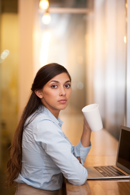 Серьезные женщина, пить чай в кафе с ноутбуком