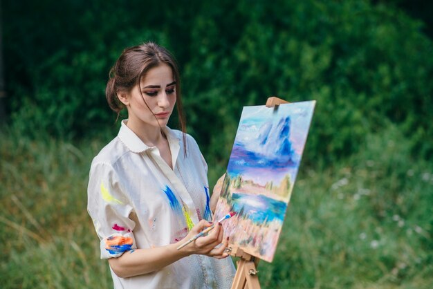 Serious woman painting a picture