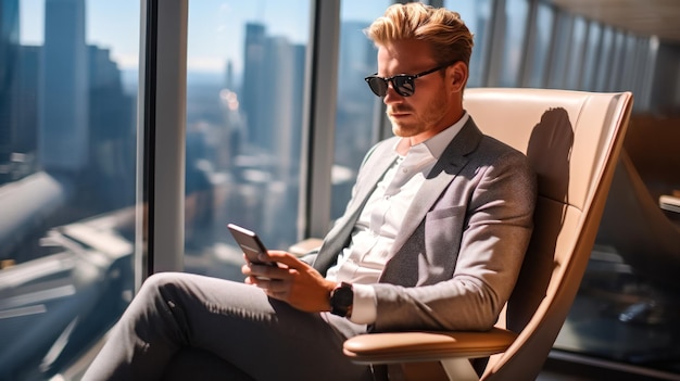 Serious young businessman reading a message on a smartphone in the office by the window working