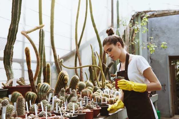 Serious young woman standing in greenhouse near plants