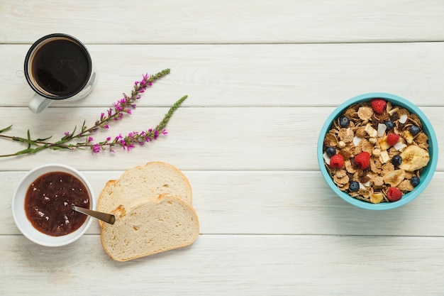 Served flakes with coffee and toasts